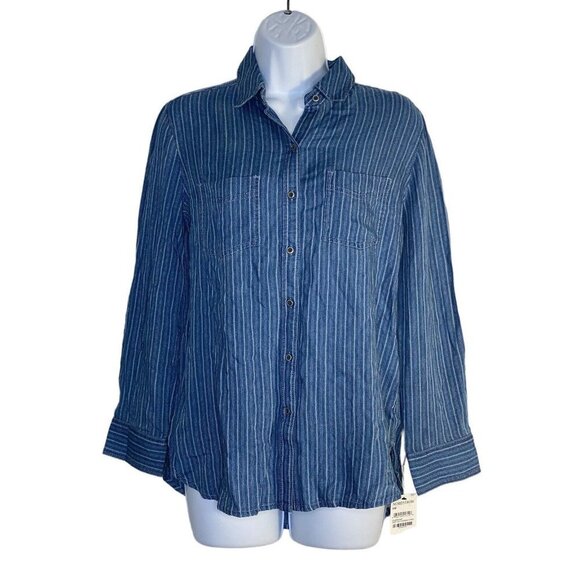Caslon Women’s Navy-Ivory Chambray Button Up‎ Shirt Long Sleeve SZ XS - Picture 1 of 7